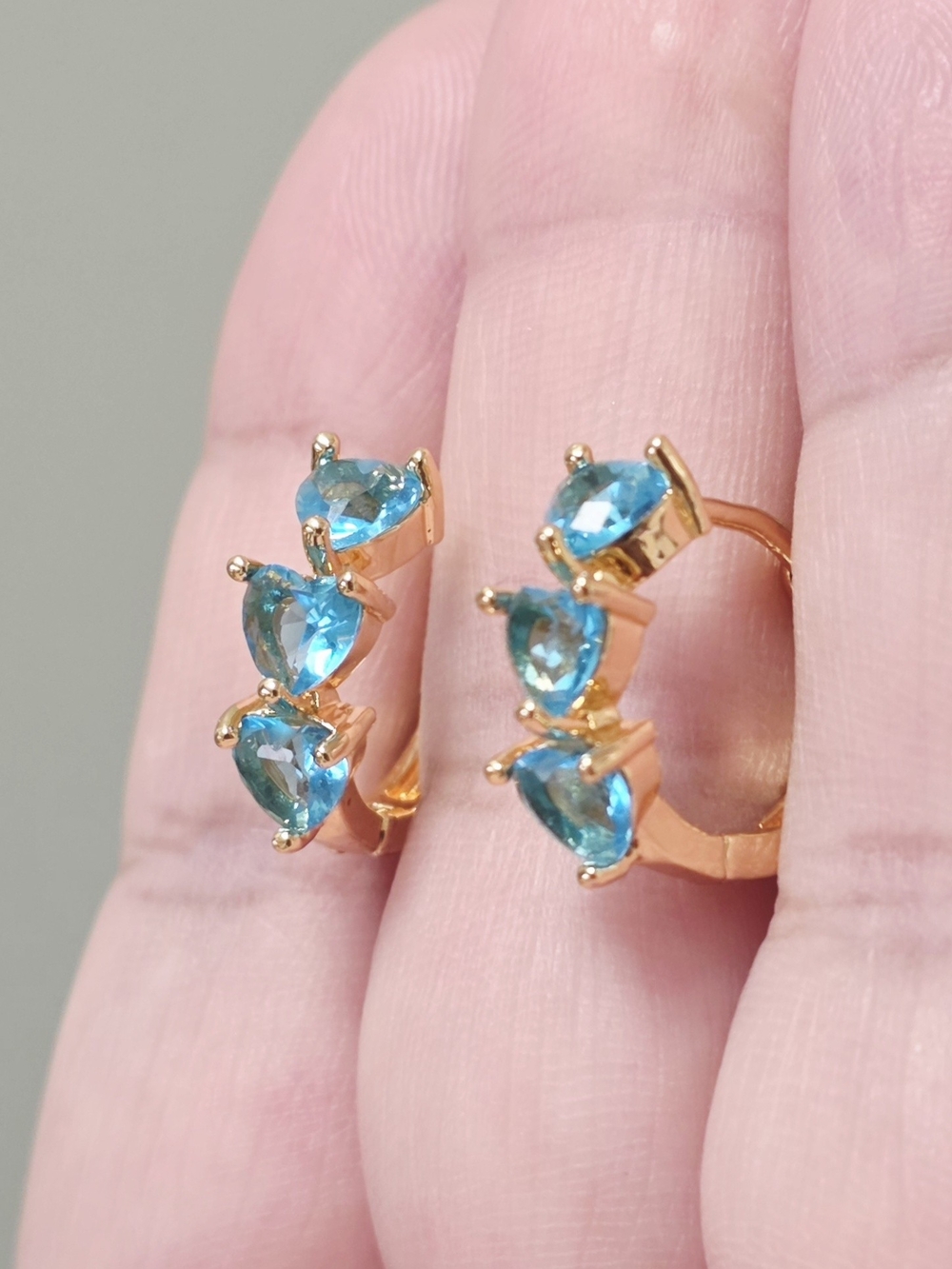14 Gold Plated Hoop with Blue Heart Gemstones - Elegant Women's Jewelry